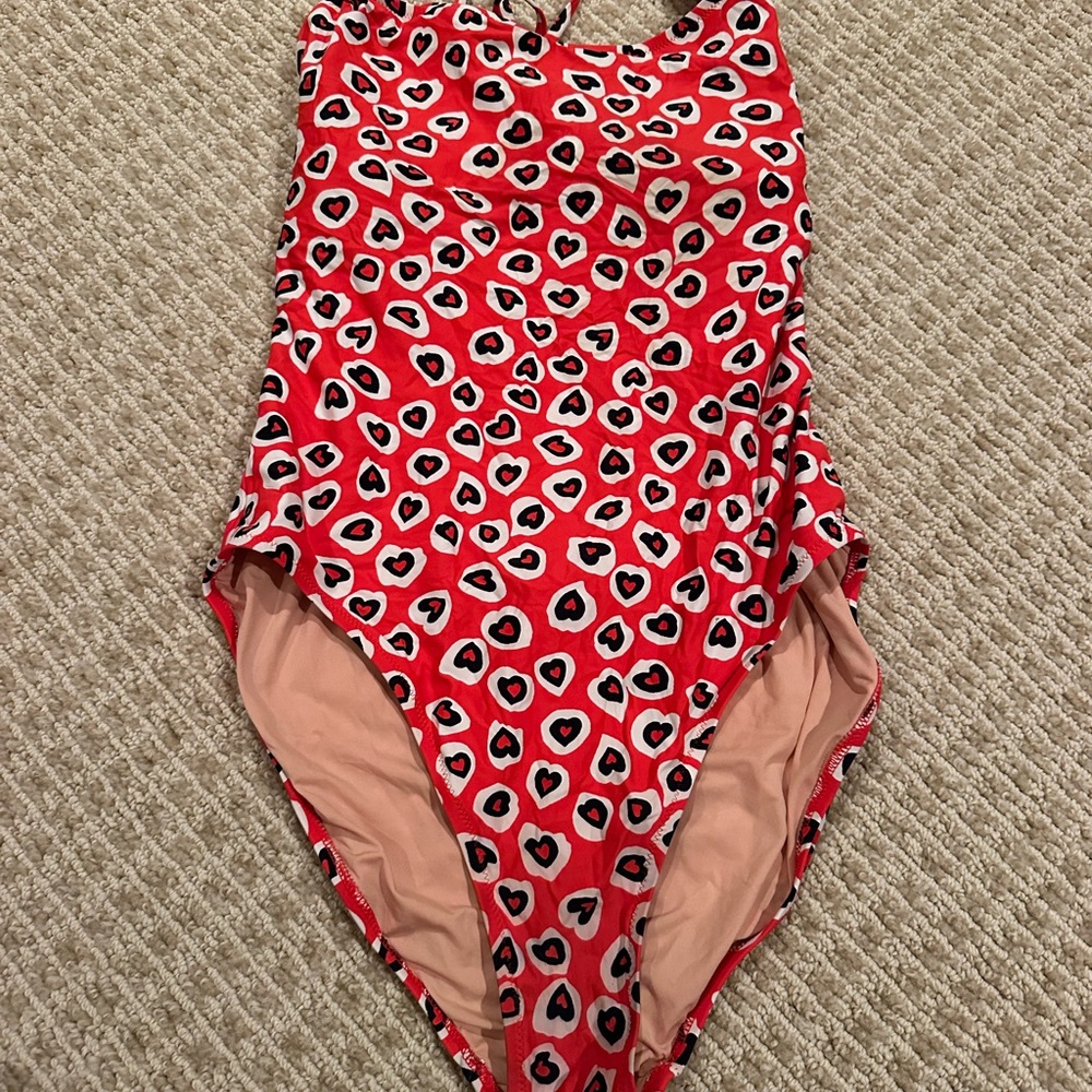 J. Crew Red Heart Print One Piece Swimsuit